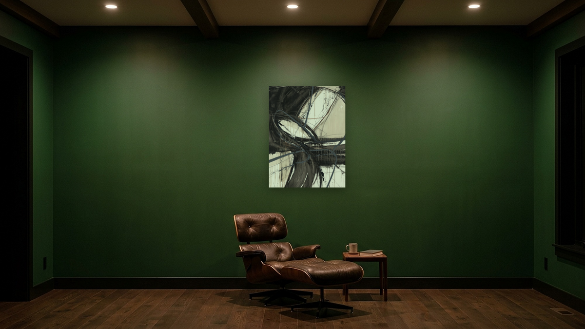 The Drummer Inside by Kelly O'Neal, shown at 30 × 40 in (76.2 × 101.6 cm) as gallery-wrapped canvas, den