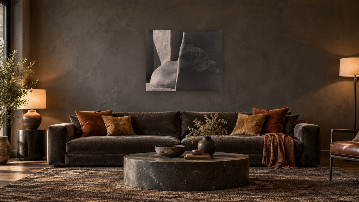 Sun, Shadow, and Adobe #3 by Gordon Osmundson, shown at 32 × 40 in (81.3 × 101.6 cm) as gallery-wrapped canvas, den