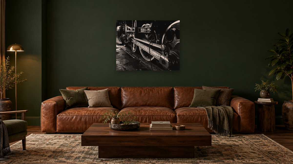 U.P. 8444 in Cheyenne Roundhouse from the Railroad Series by Gordon Osmundson, shown at 32 × 40 in (81.3 × 101.6 cm) as gallery-wrapped canvas, den