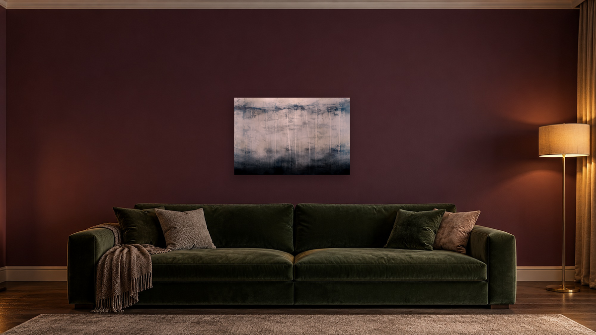 Birch Mist by Dan Hobday, shown at 28 × 42 in (71.1 × 106.7 cm) as gallery-wrapped canvas, den