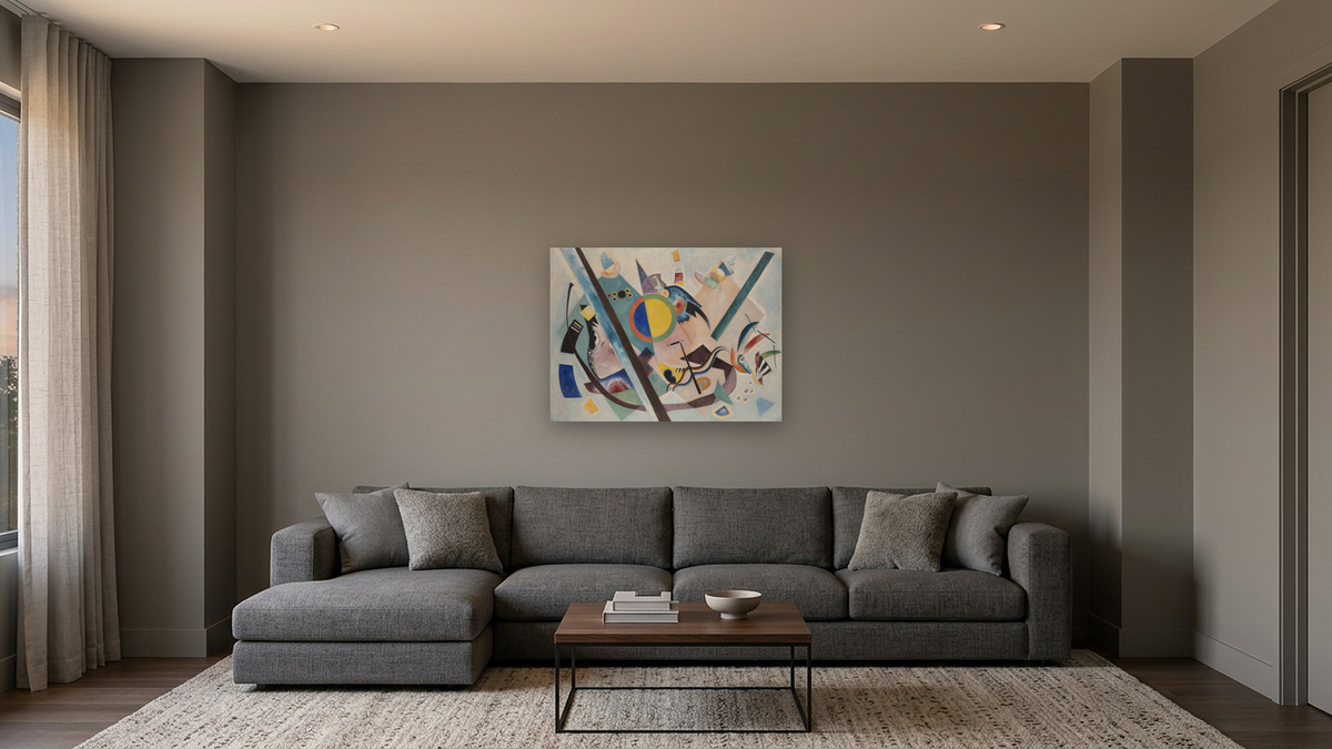 Multicolored Circle by Wassily Kandinsky, shown at 30 × 40 in (76.2 × 101.6 cm) as gallery-wrapped canvas, media room