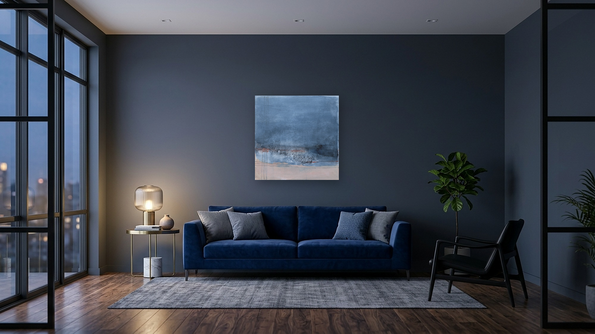 No. 327 by Michelle Oppenheimer, shown at 32 × 32 in (81.3 × 81.3 cm) as gallery-wrapped canvas, den