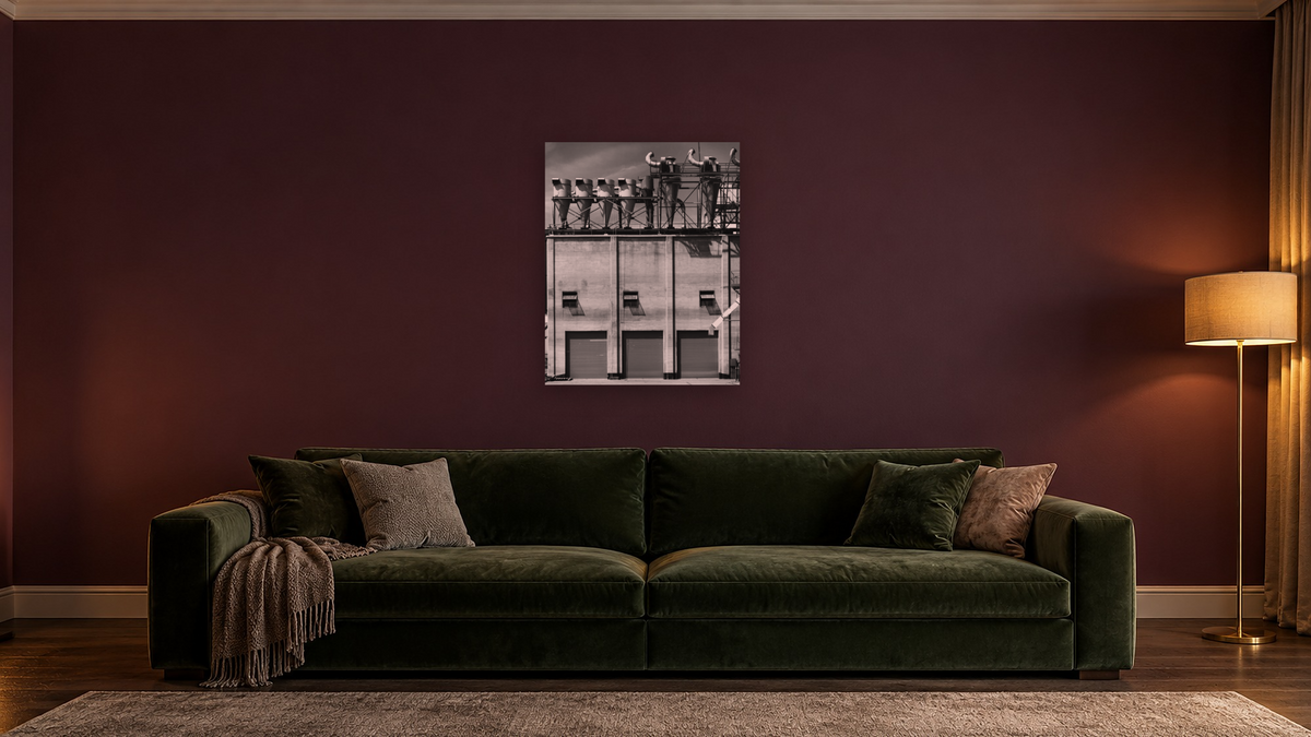 Depue Warehouse #6, Dustbin Salute by Gordon Osmundson, shown at 32 × 40 in (81.3 × 101.6 cm) as gallery-wrapped canvas, den