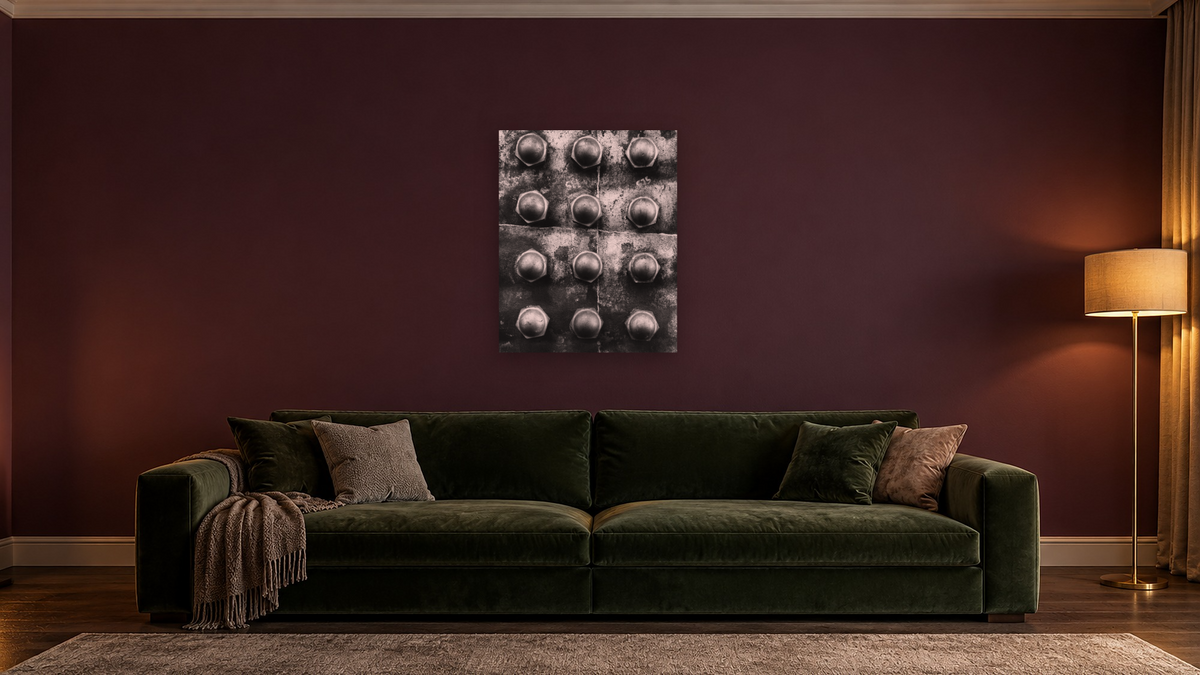 Twelve Acorn Stay Bolt Caps #2, C&TS #484 by Gordon Osmundson, shown at 32 × 40 in (81.3 × 101.6 cm) as gallery-wrapped canvas, den