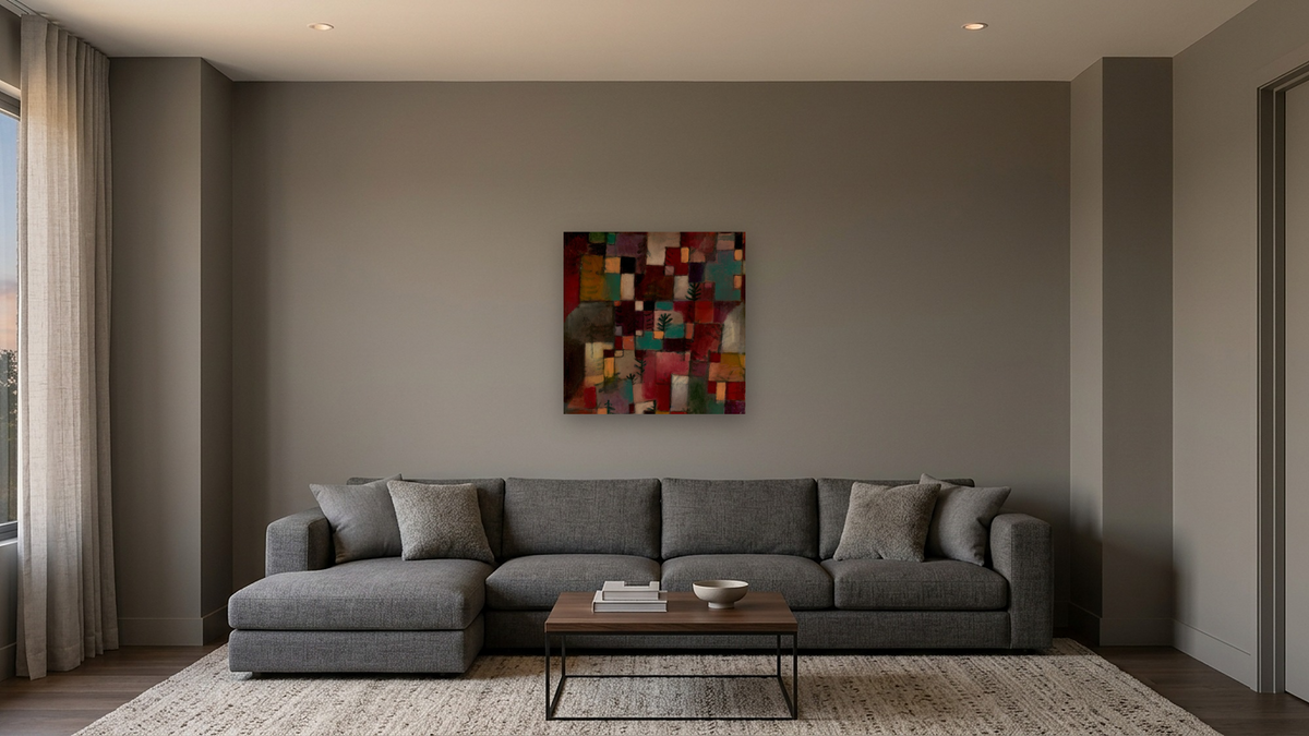 Redgreen and Violet-Yellow Rhythms by Paul Klee, shown at 32 × 32 in (81.3 × 81.3 cm) as gallery-wrapped canvas, media room