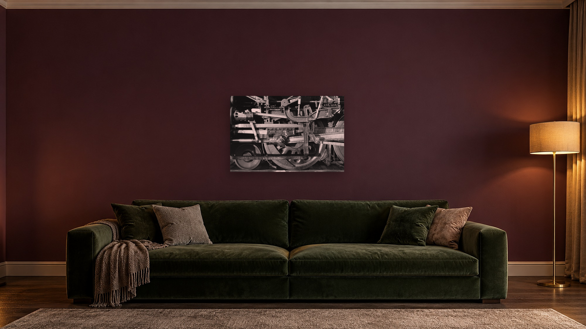 Lead Driver & Valve Gear, AT&SF #3751 from the Railroad Series by Gordon Osmundson, shown at 28 × 42 in (71.1 × 106.7 cm) as gallery-wrapped canvas, den