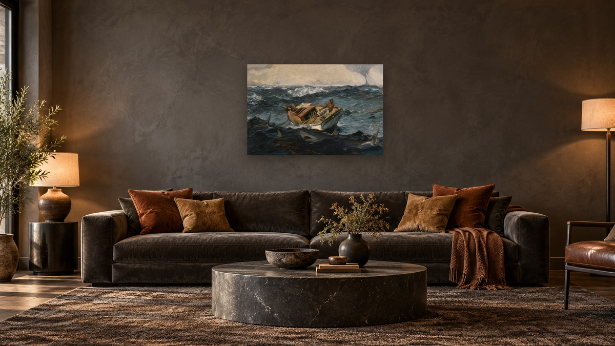 The Gulf Stream, 1899 by Winslow Homer, shown at 28 × 42 in (71.1 × 106.7 cm) as gallery-wrapped canvas, den