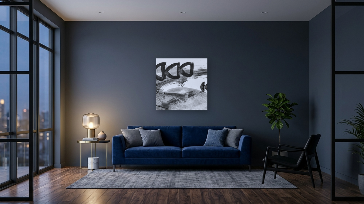 Black White Set 2 by Dan Hobday, shown at 32 × 32 in (81.3 × 81.3 cm) as gallery-wrapped canvas, den