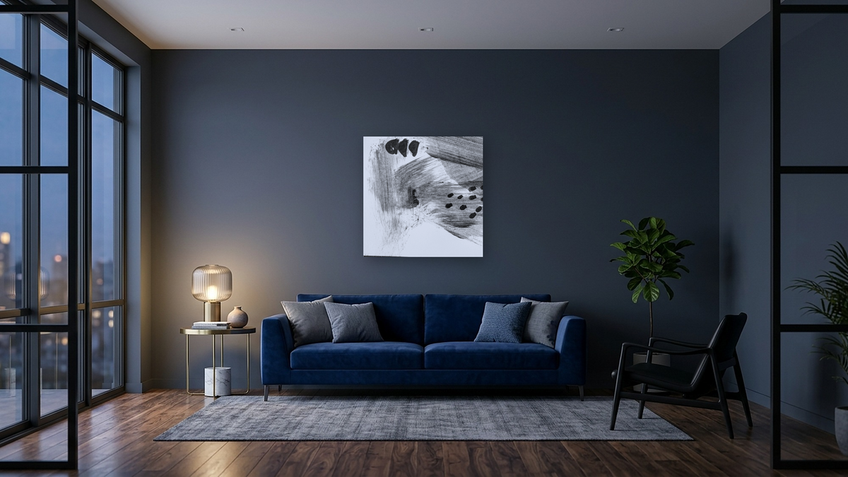 Black White Set 4 by Dan Hobday, shown at 32 × 32 in (81.3 × 81.3 cm) as gallery-wrapped canvas, den
