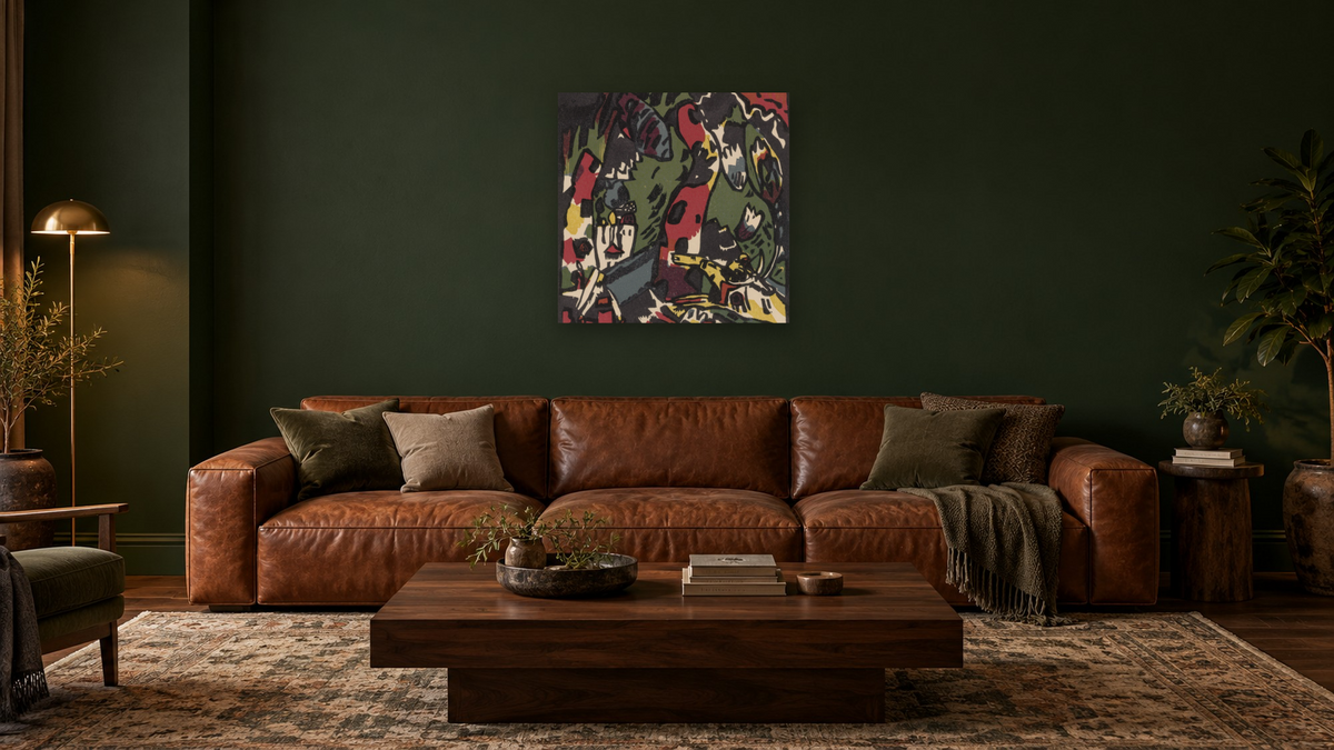The Archer, shown at 32 × 32 in (81.3 × 81.3 cm) as gallery-wrapped canvas, den