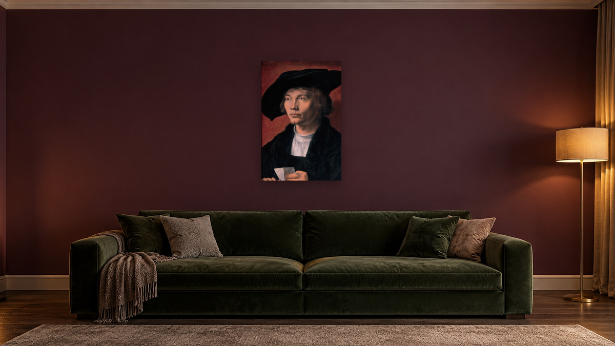 Bernhard von Reesen by Albrecht Dürer, shown at 28 × 42 in (71.1 × 106.7 cm) as gallery-wrapped canvas, den