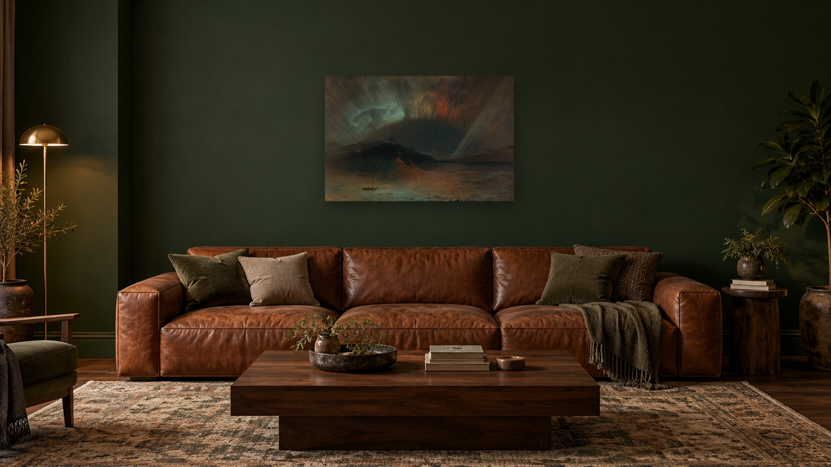 Aurora Borealis by Frederic Edwin Church, shown at 28 × 42 in (71.1 × 106.7 cm) as gallery-wrapped canvas, den