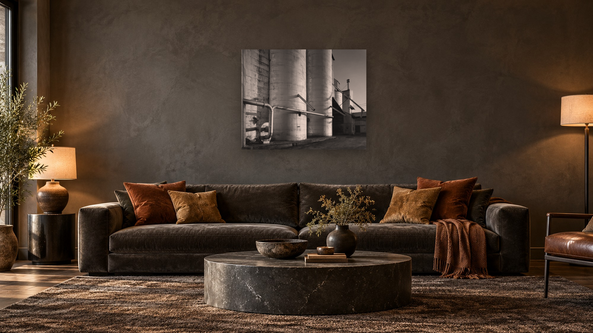 Arbuckle Warehouse #23 by Gordon Osmundson, shown at 32 × 40 in (81.3 × 101.6 cm) as gallery-wrapped canvas, den