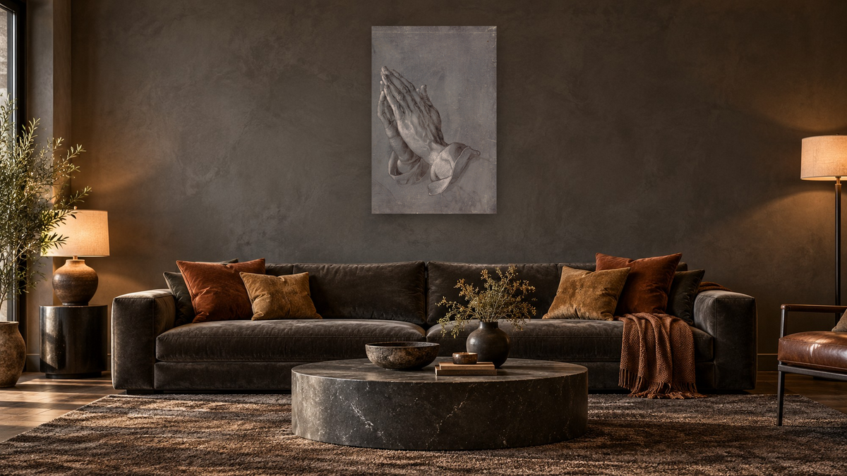 Praying Hands by Albrecht Dürer, shown at 28 × 42 in (71.1 × 106.7 cm) as gallery-wrapped canvas, den