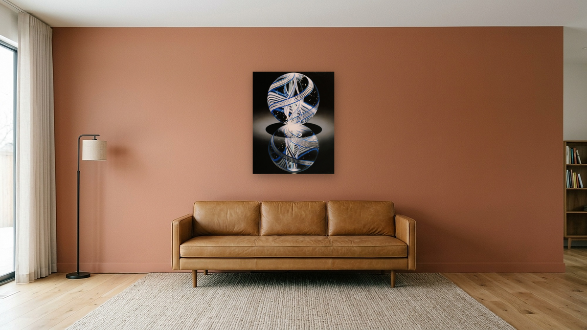 Solitaire Blue by Charles Bell, shown at 32 × 40 in (81.3 × 101.6 cm) as gallery-wrapped canvas, media room