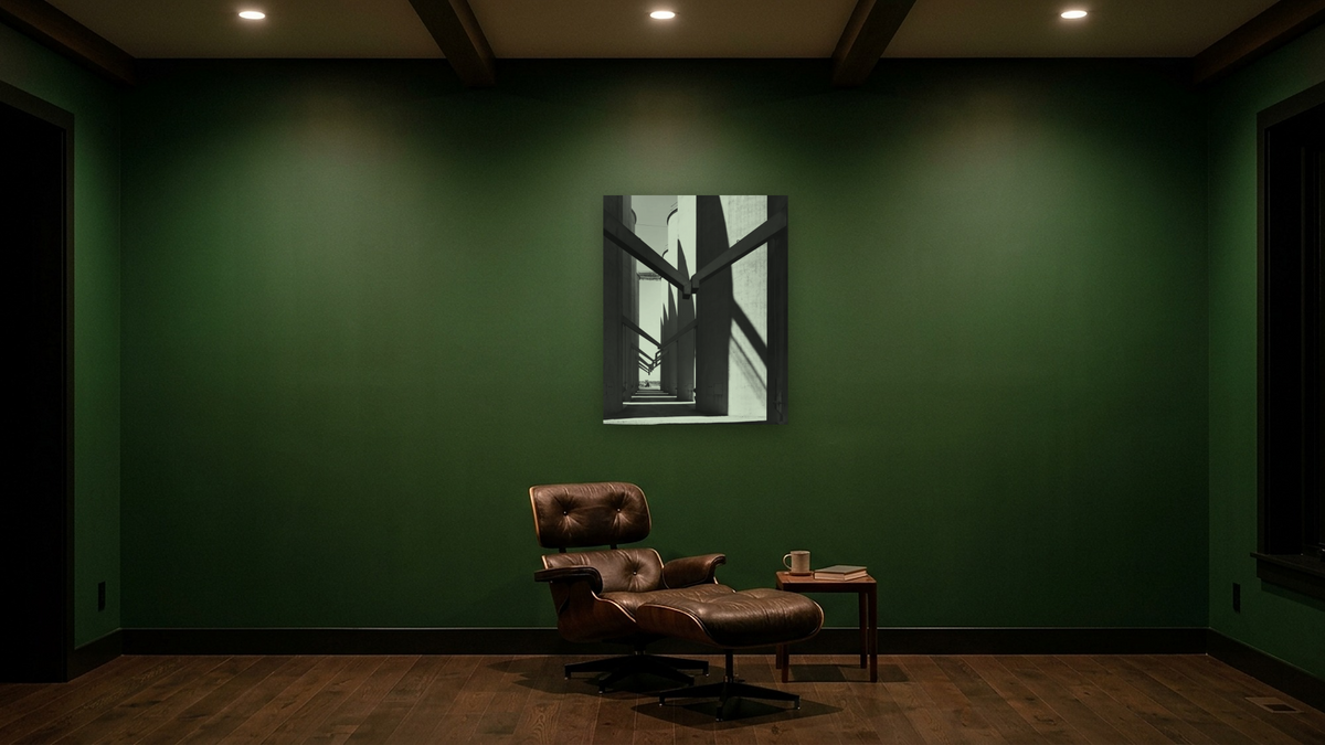 Strain Warehouse #11 by Gordon Osmundson, shown at 32 × 40 in (81.3 × 101.6 cm) as gallery-wrapped canvas, den