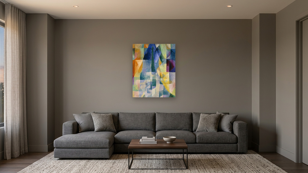 Simultaneous Windows (2nd Motif, 1st Part) (Les Fenetres simultanees [2e motif, 1re partie]) by Robert Delaunay, shown at 32 × 40 in (81.3 × 101.6 cm) as gallery-wrapped canvas, media room