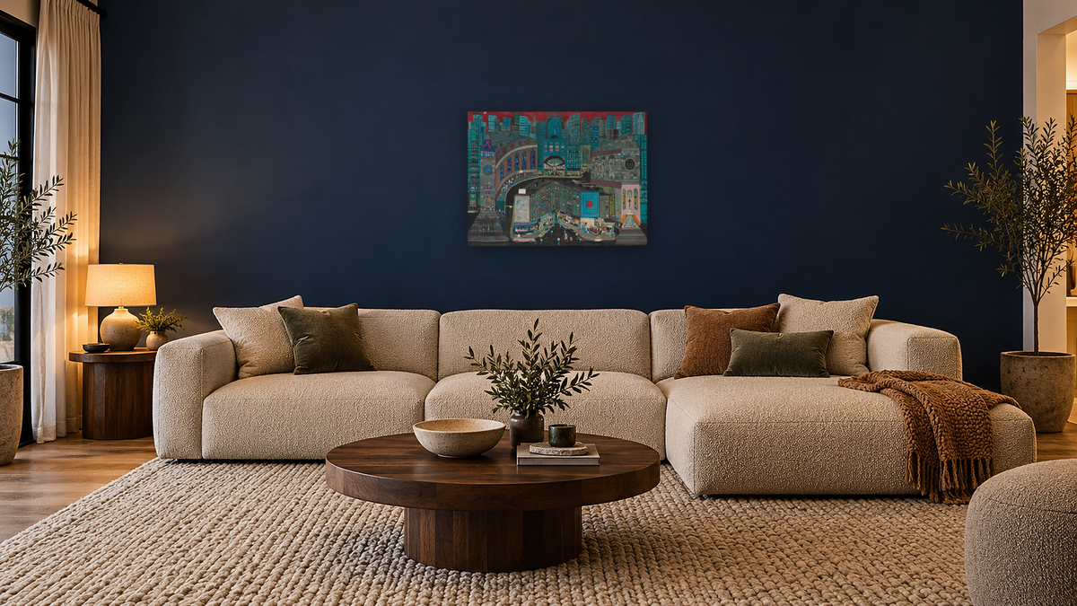 Queen City by Ralph Fasanella, shown at 30 × 40 in (76.2 × 101.6 cm) as gallery-wrapped canvas, media room