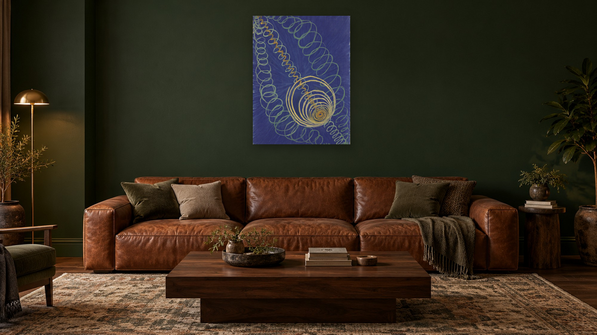 Group I, Primordial Chaos, No. 16, from The WU/Rose Series (Grupp 1, Urkaos, nr 16, Serie WU/Rosen) by Hilma af Klint, shown at 30 × 40 in (76.2 × 101.6 cm) as gallery-wrapped canvas, den