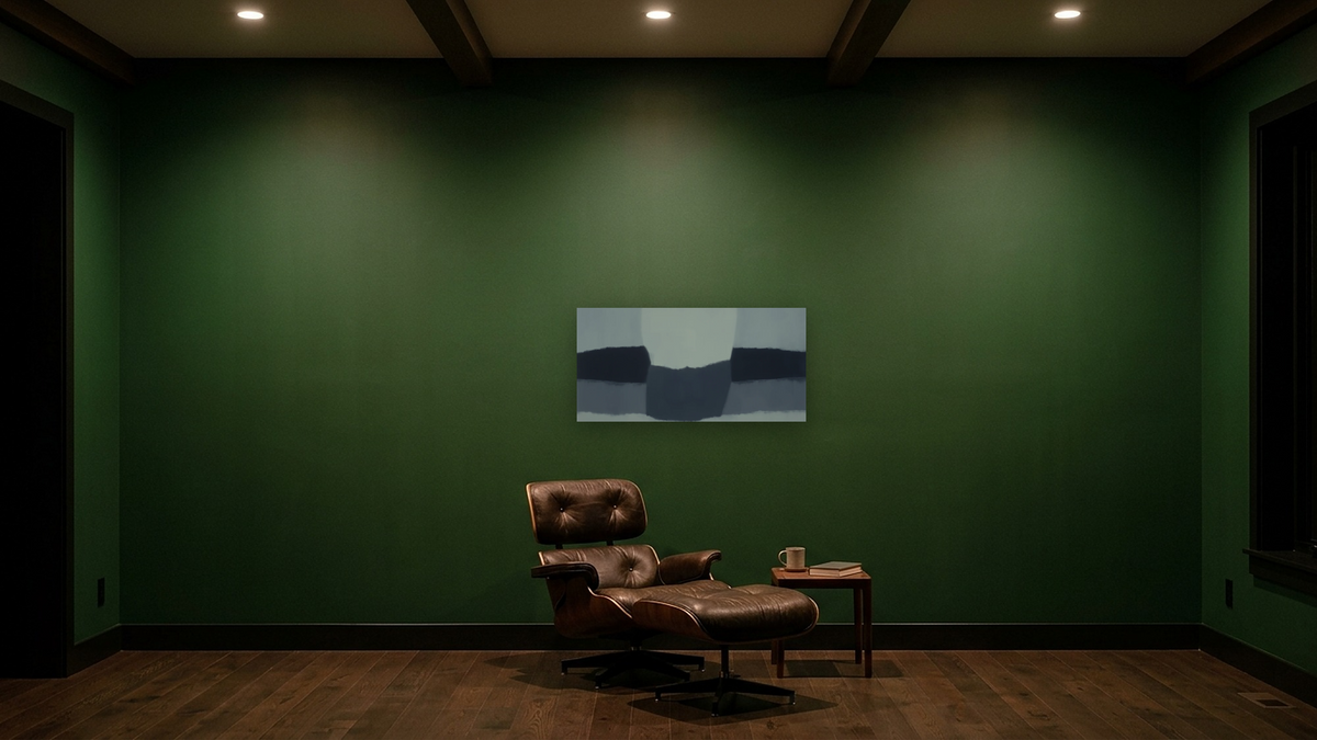 Japanese Landscape by Felrath Hines, shown at 20 × 40 in (50.8 × 101.6 cm) as gallery-wrapped canvas, den