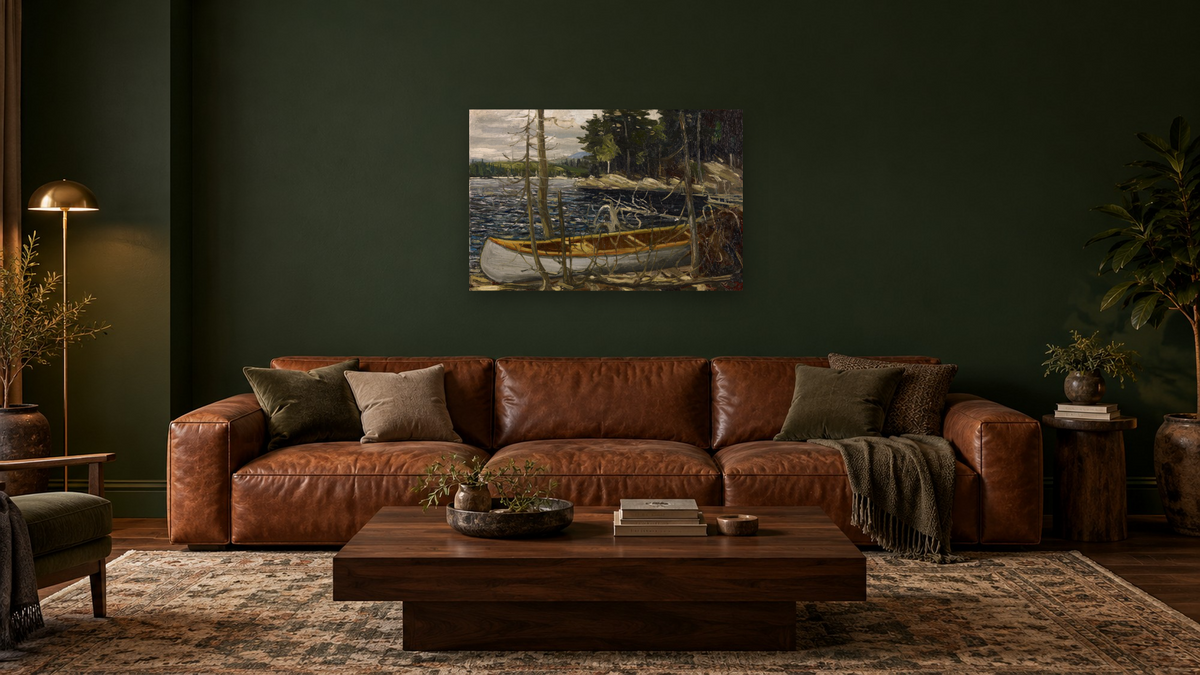 The Canoe by Tom Thomson, shown at 28 × 42 in (71.1 × 106.7 cm) as gallery-wrapped canvas, den