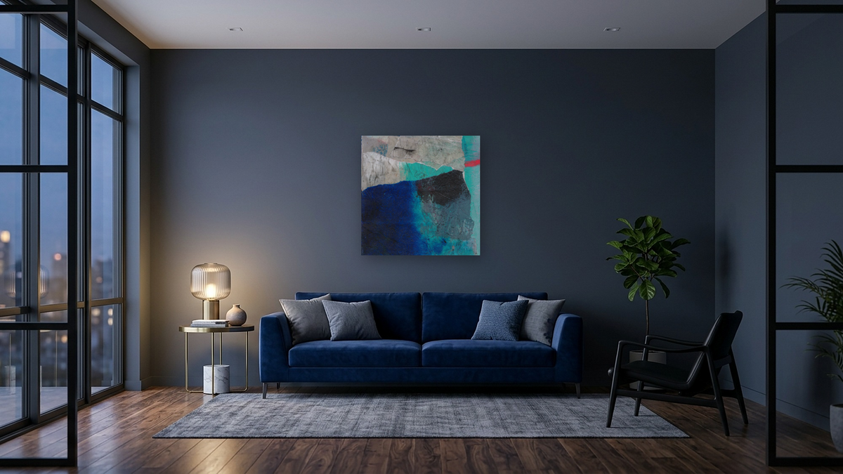 No. 108 by Michelle Oppenheimer, shown at 32 × 32 in (81.3 × 81.3 cm) as gallery-wrapped canvas, den