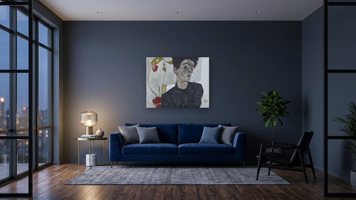 Self-Portrait with Chinese Lantern Plant by Egon Schiele, shown at 32 × 40 in (81.3 × 101.6 cm) as gallery-wrapped canvas, den
