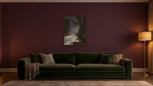 A Stream in the Rocky Mountains by Albert Bierstadt, shown at 30 × 40 in (76.2 × 101.6 cm) as gallery-wrapped canvas, den [arteriel-render:v6:room_a:30x40@49,36]