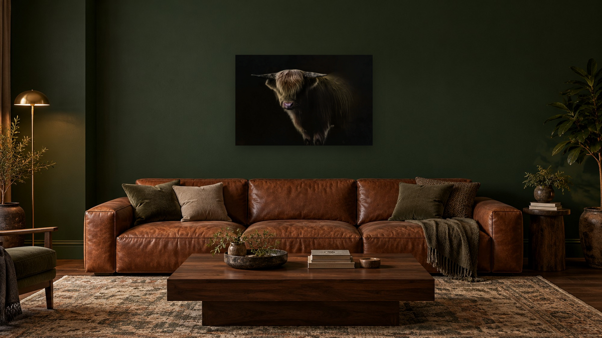 New bull by Brandon Luther, shown at 28 × 42 in (71.1 × 106.7 cm) as gallery-wrapped canvas, den