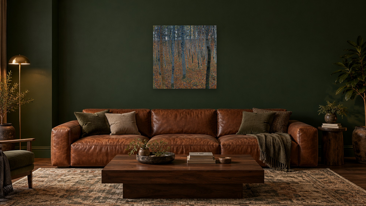 Beech Grove I by Gustav Klimt, shown at 32 × 32 in (81.3 × 81.3 cm) as gallery-wrapped canvas, den