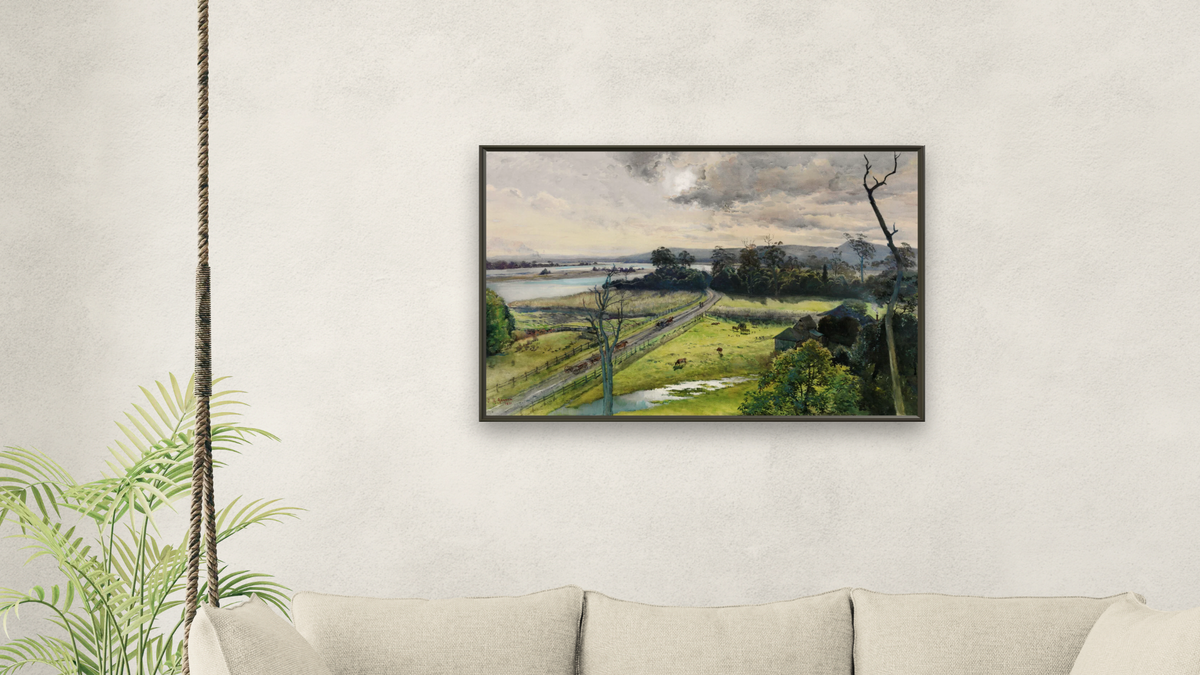 Shoalhaven River, junction with Broughton Creek, New South Wales by Julian Ashton, shown at 28 × 42 in (71.1 × 106.7 cm) on canvas in Ramino Satin Black, living