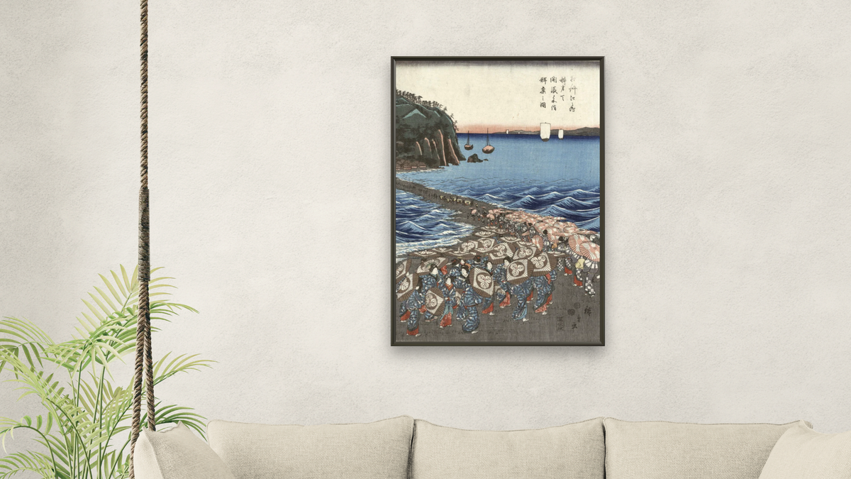 Opening Celebration of Benzaiten Shrine at Enoshima by Andō Hiroshige, shown at 28 × 42 in (71.1 × 106.7 cm) on canvas in Ramino Satin Black, living