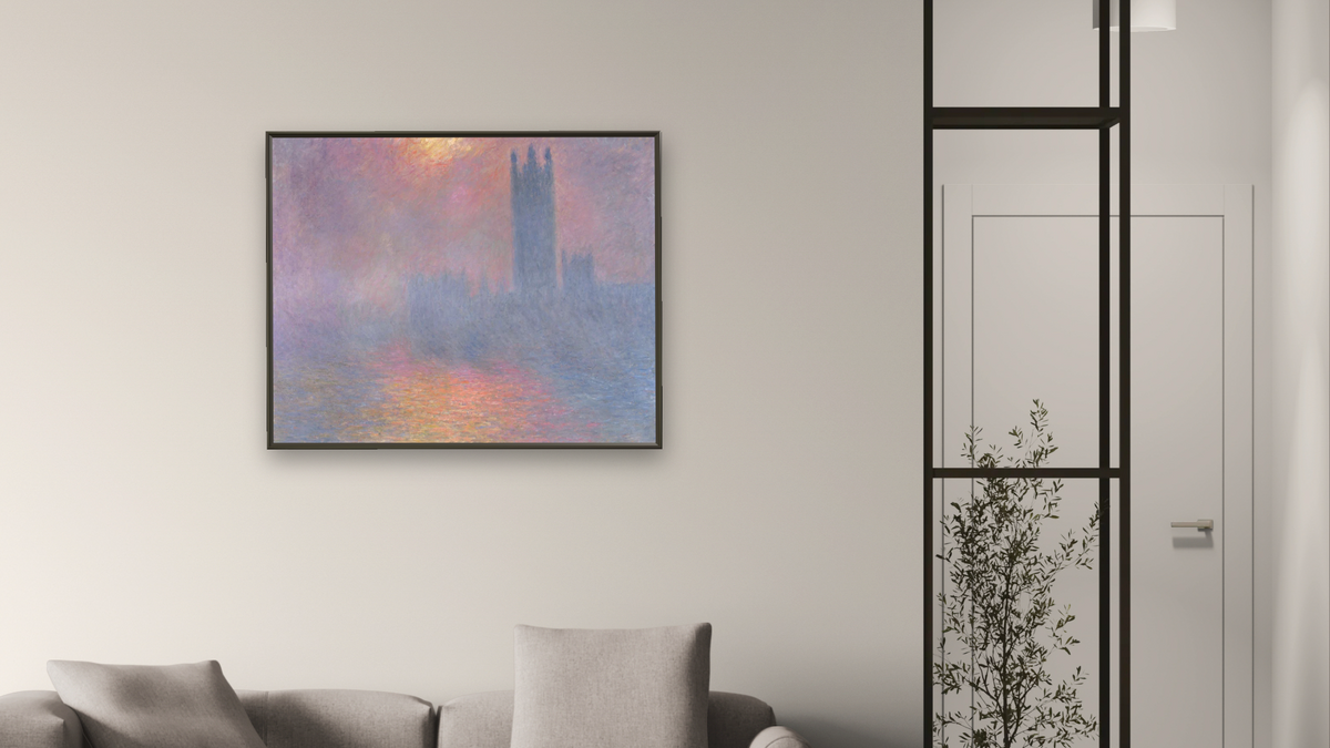 The Houses of Parliament, London, with the sun breaking through the fog by Claude Monet, shown at 32 × 40 in (81.3 × 101.6 cm) on canvas in Ramino Satin Black, living