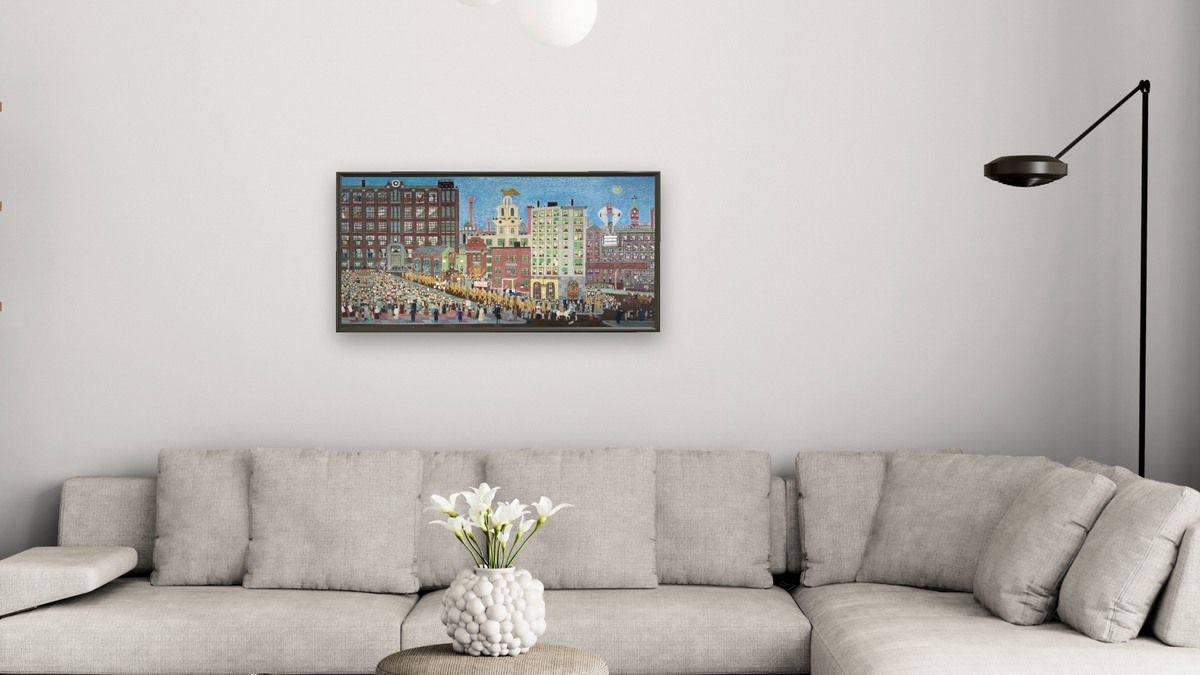 Lawrence 1912 - The Bread and Roses Strike by Ralph Fasanella, shown at 20 × 40 in (50.8 × 101.6 cm) on canvas in Ramino Satin Black, living