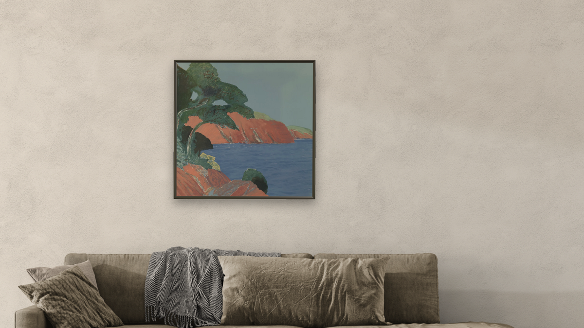 Cliffs of the South of France by Roger Mühl, shown at 32 × 32 in (81.3 × 81.3 cm) on canvas in Ramino Satin Black, living