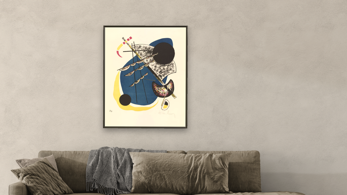 Kleine Welten II (Small Worlds II) by Wassily Kandinsky, shown at 32 × 40 in (81.3 × 101.6 cm) on canvas in Ramino Satin Black, living