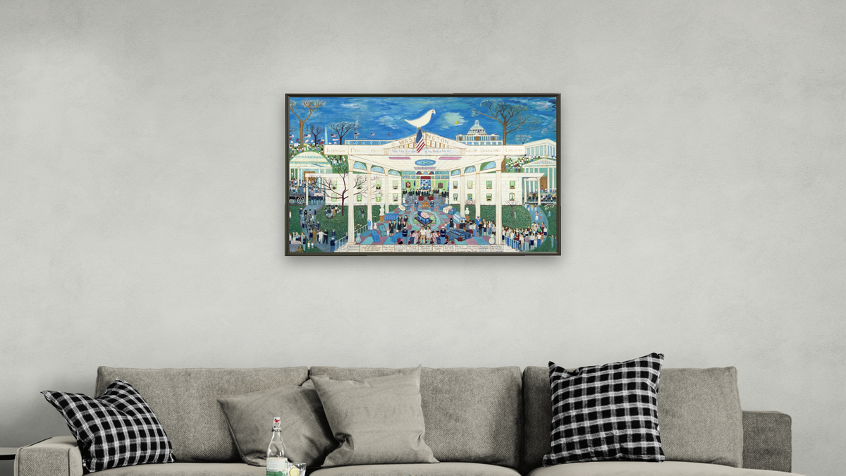 American Heritage by Ralph Fasanella, shown at 28 × 42 in (71.1 × 106.7 cm) on canvas in Ramino Satin Black, living