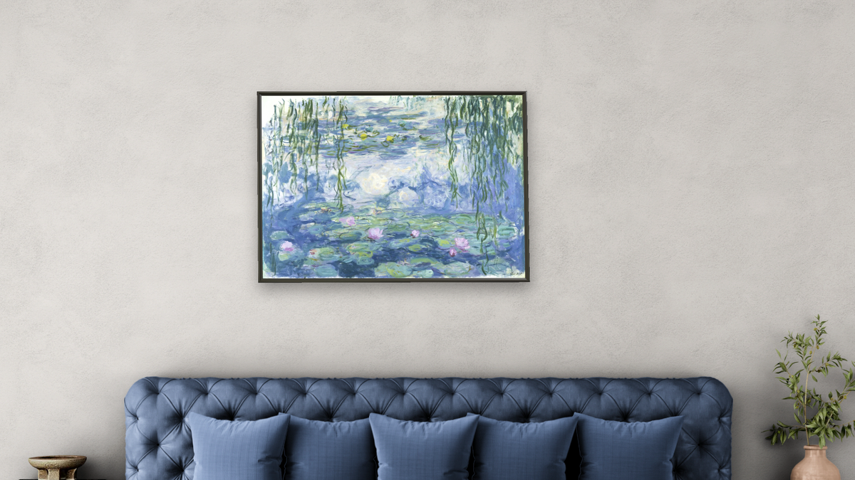 Waterlilies by Claude Monet, shown at 30 × 40 in (76.2 × 101.6 cm) on canvas in Ramino Satin Black, bedroom