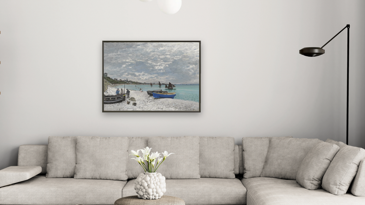 The Beach at Sainte-Adresse by Claude Monet, shown at 30 × 40 in (76.2 × 101.6 cm) on canvas in Ramino Satin Black, living