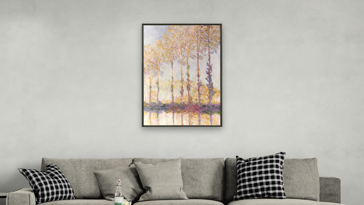 Poplars on the Banks of the Epte by Claude Monet, shown at 28 × 42 in (71.1 × 106.7 cm) on canvas in Ramino Satin Black, living