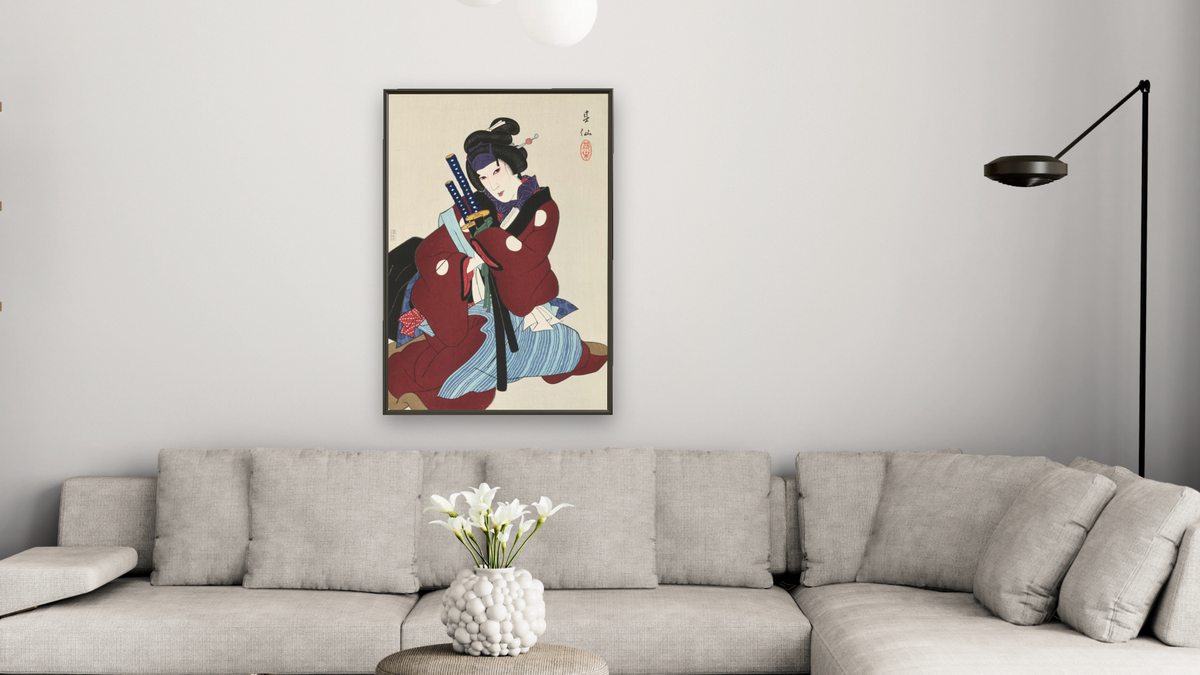 Onoye Yeizaburo as Okaru by Natori Shunsen, shown at 28 × 42 in (71.1 × 106.7 cm) on canvas in Ramino Satin Black, living