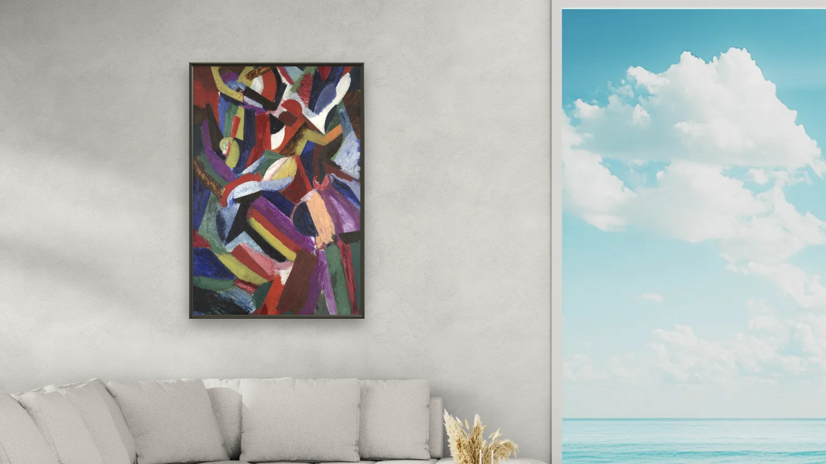 Composition III by Patrick Henry Bruce, shown at 28 × 42 in (71.1 × 106.7 cm) on canvas in Ramino Satin Black, living