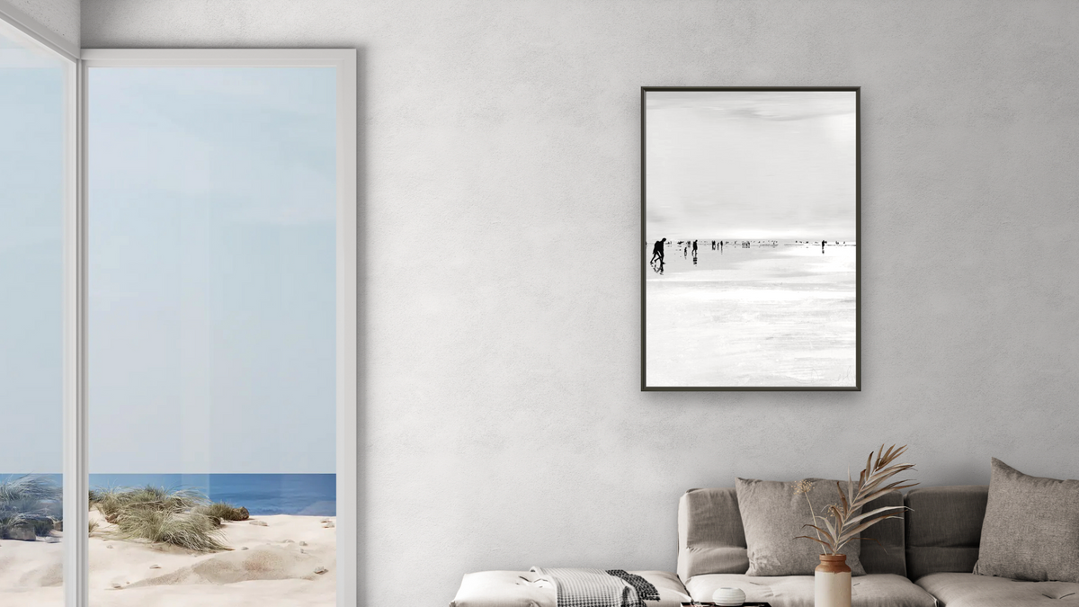 Beach Stroll by Dan Hobday, shown at 28 × 42 in (71.1 × 106.7 cm) on canvas in Ramino Satin Black, living