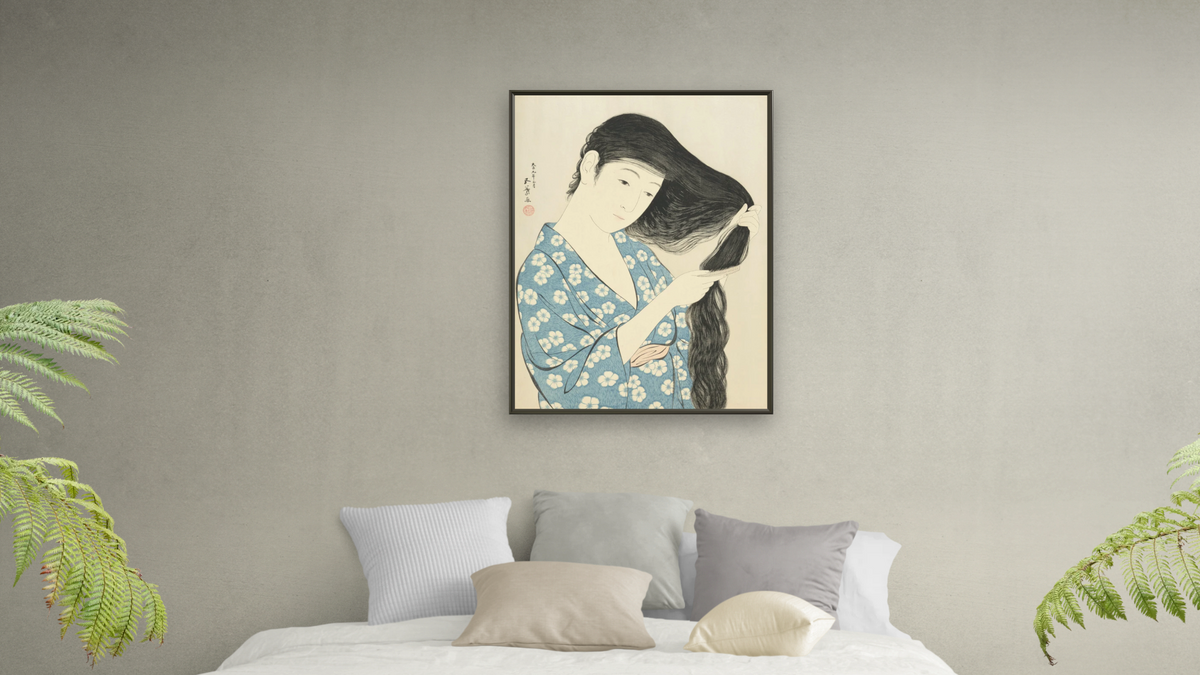 Woman Combing Her Hair (Kami sukeru onna) by Goyō Hashiguchi, shown at 30 × 40 in (76.2 × 101.6 cm) on canvas in Ramino Satin Black, bedroom