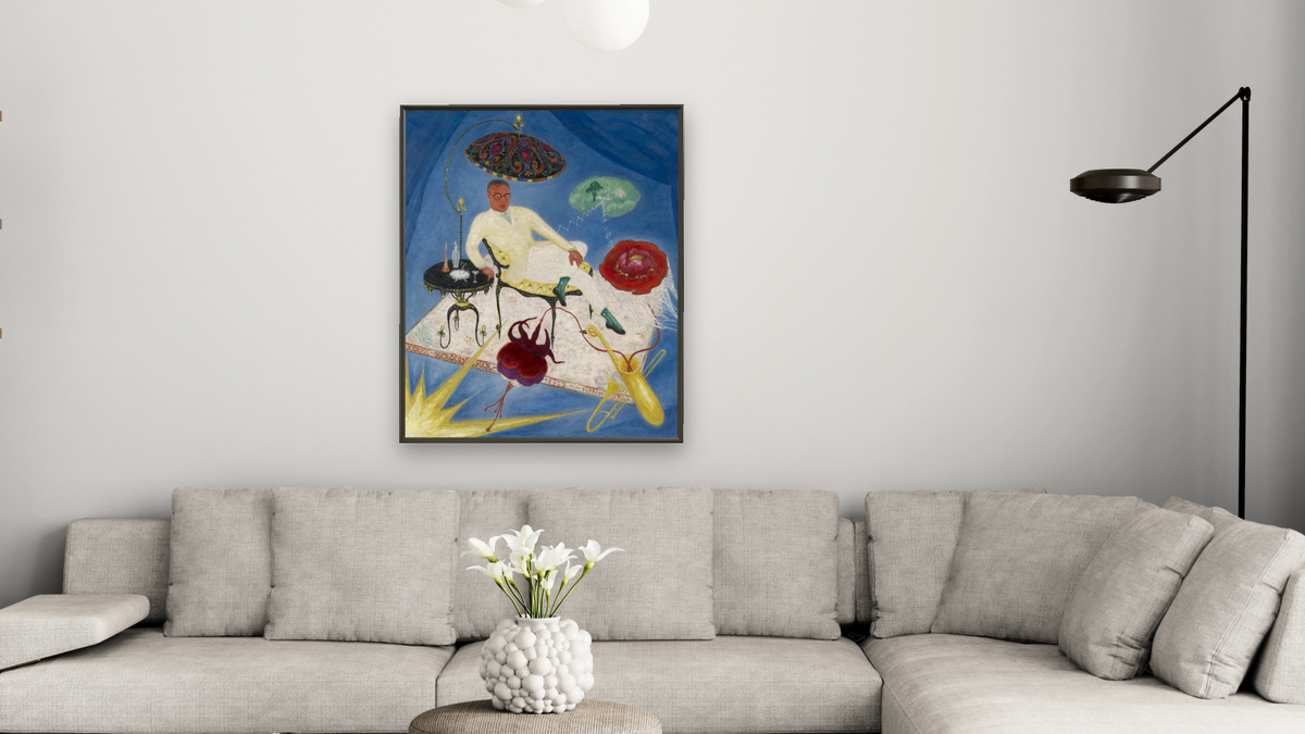 Joseph Hergesheimer (1880-1954) by Florine Stettheimer, shown at 32 × 40 in (81.3 × 101.6 cm) on canvas in Ramino Satin Black, living