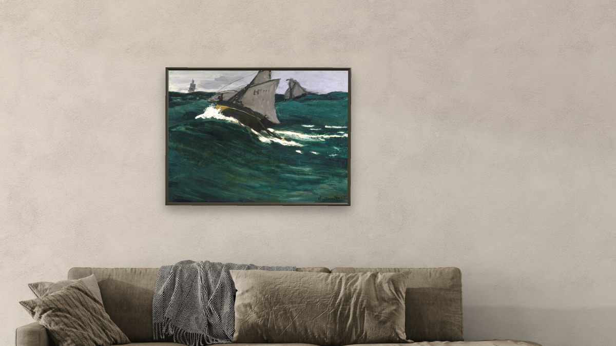 The Green Wave by Claude Monet, shown at 30 × 40 in (76.2 × 101.6 cm) on canvas in Ramino Satin Black, living