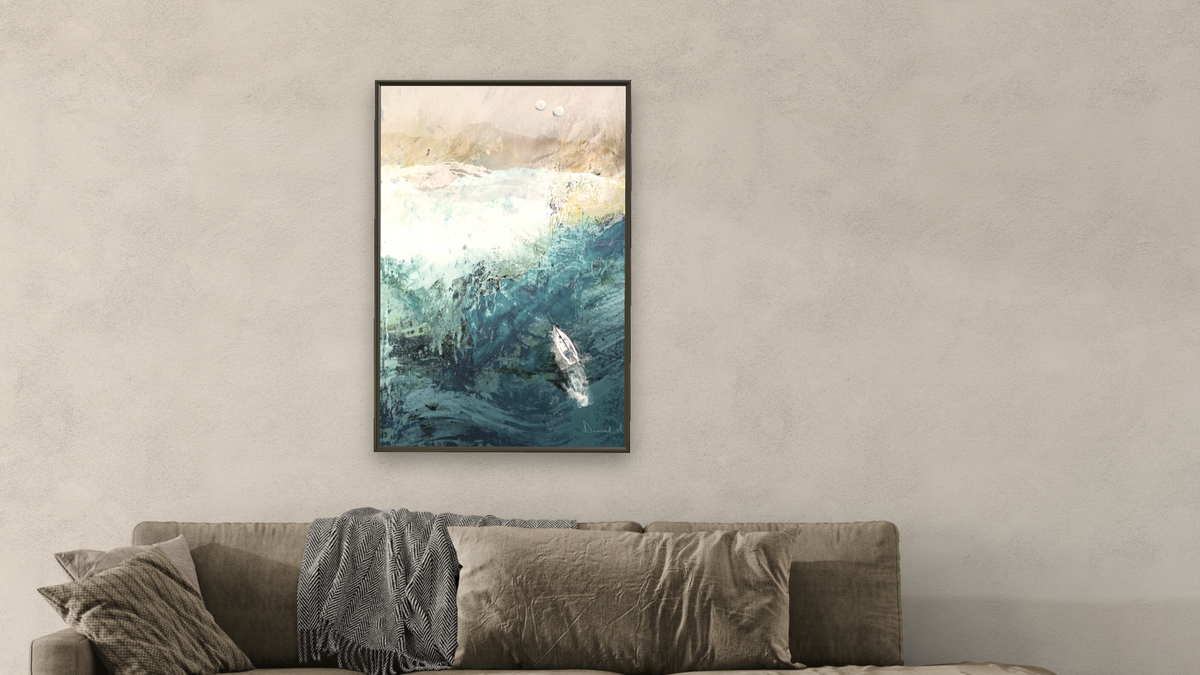 Azure Walk by Dan Hobday, shown at 28 × 42 in (71.1 × 106.7 cm) on canvas in Ramino Satin Black, living