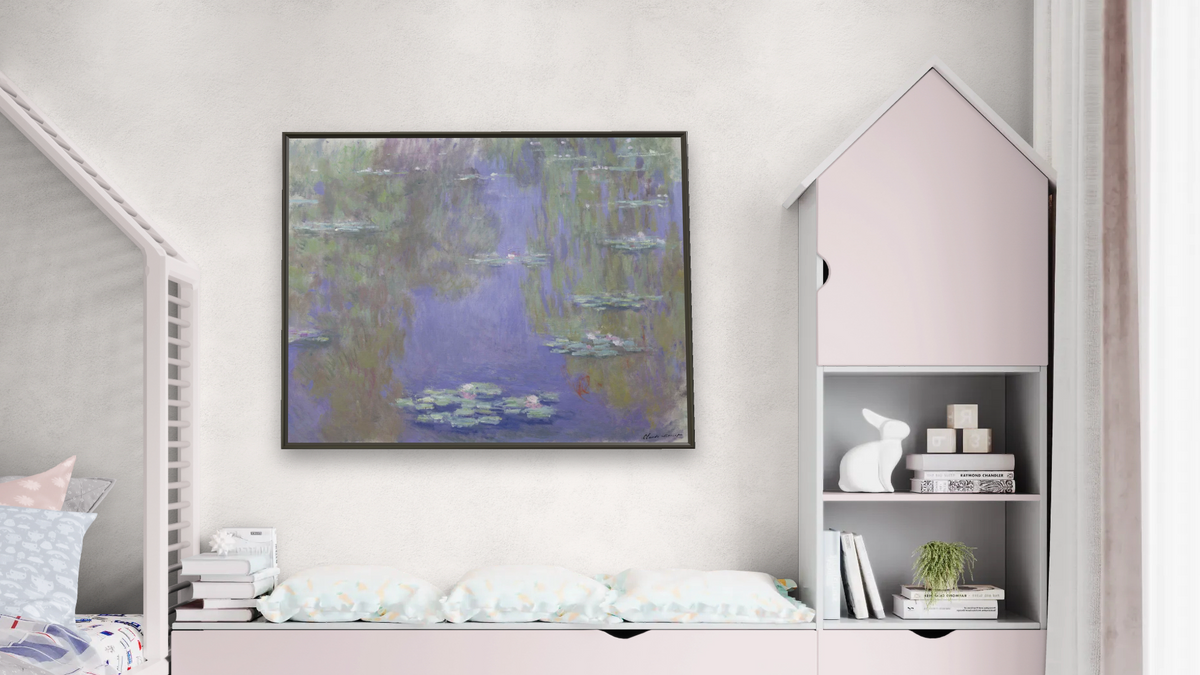 Waterlilies by Claude Monet, shown at 32 × 40 in (81.3 × 101.6 cm) on canvas in Ramino Satin Black, bedroom