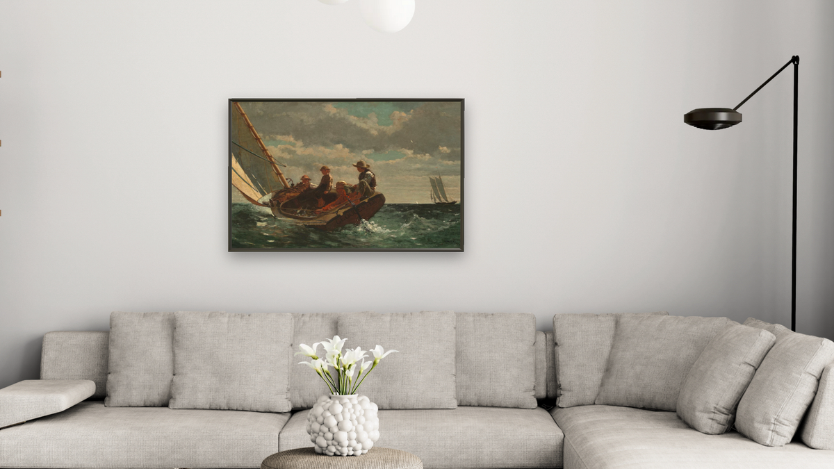 Breezing Up (A Fair Wind) by Winslow Homer, shown at 28 × 42 in (71.1 × 106.7 cm) on canvas in Ramino Satin Black, living