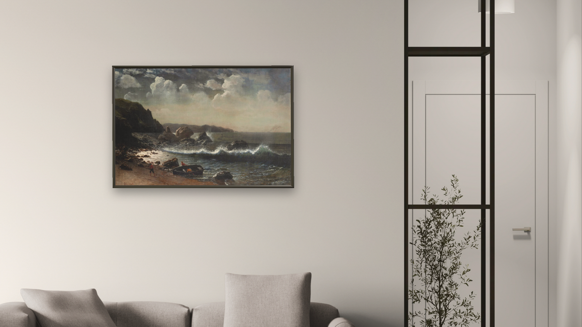 The Golden Gate by Albert Bierstadt, shown at 28 × 42 in (71.1 × 106.7 cm) on canvas in Ramino Satin Black, living
